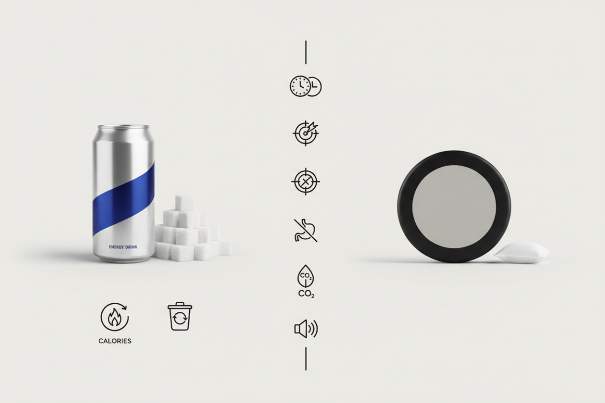 Koffein Pouches oder Energy Drink - was ist besser Ein Vergleich von Wirkung, Kalorien, Nachhaltigkeit und Convenience - PIQ | Energypouches.de