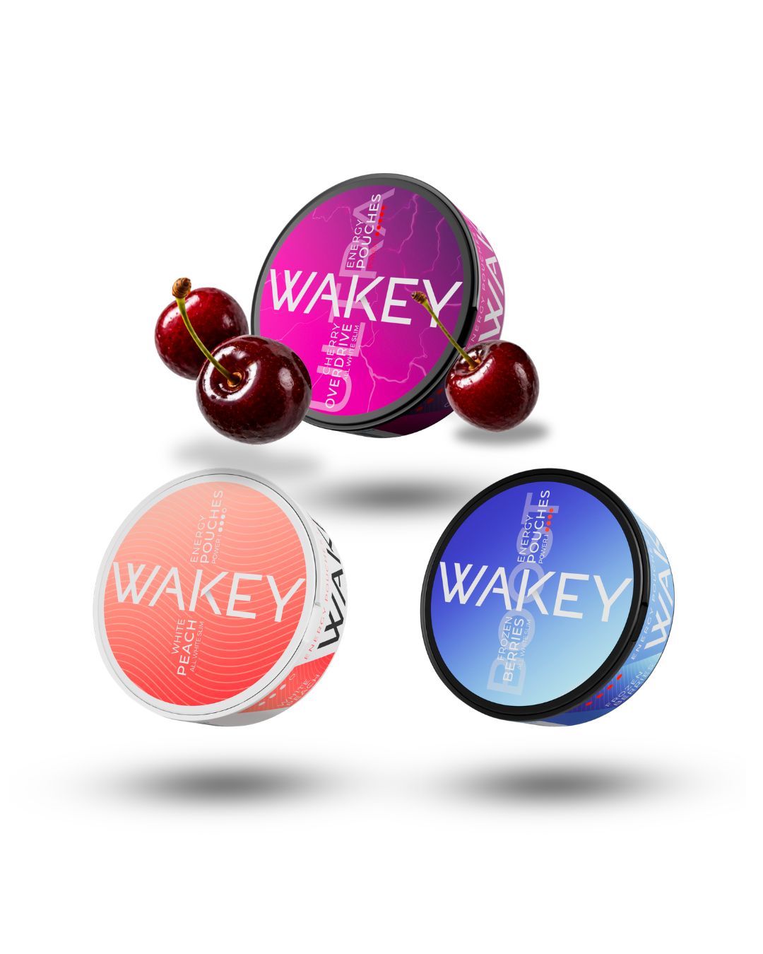 WAKEY Energy Pouches 3er Bundle - White Peach, Frozen Berries & Cherry Overdrive | 50–200 mg