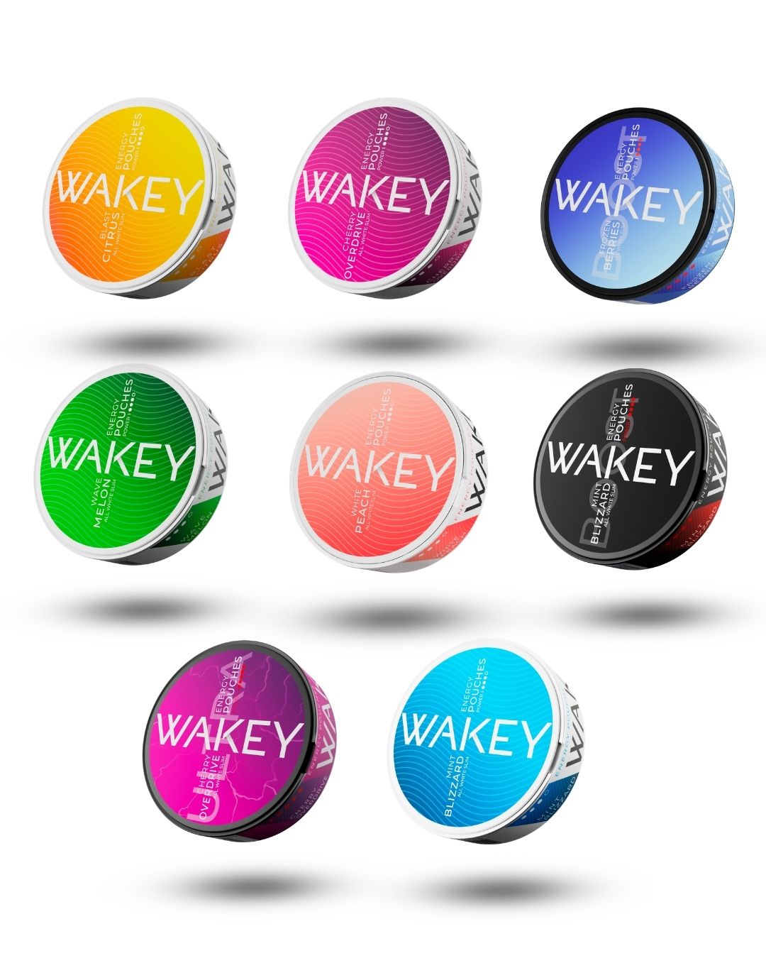 WAKEY Energy Pouches Komplett-Bundle - alle 8 Sorten | 50–200 mg Koffein