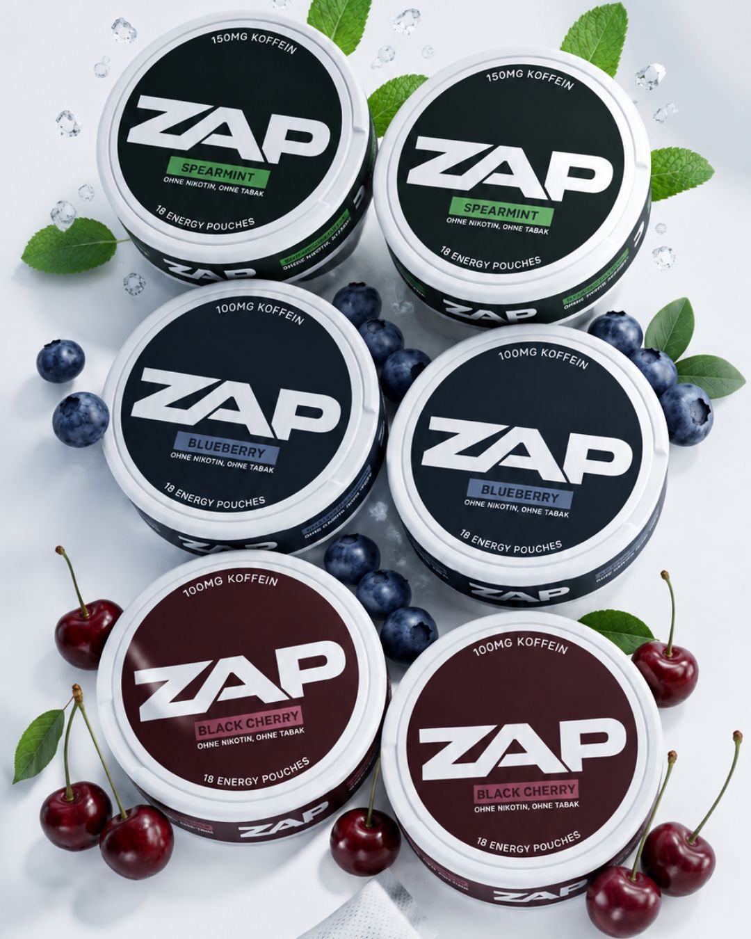 ZAP Energy Pouches 6er Bundle – 2× Spearmint, Blueberry & Black Cherry | 100-150Mg Koffein